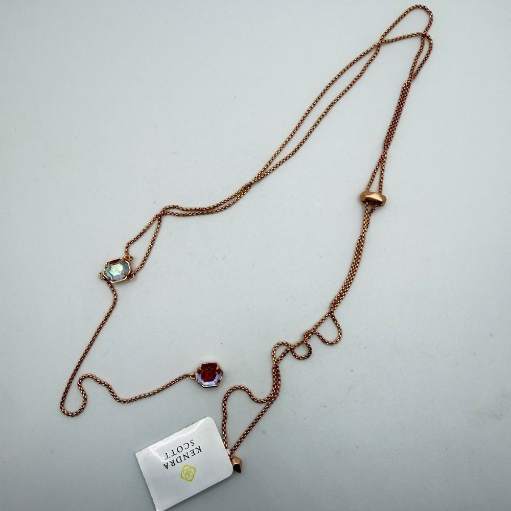NWT Kendra Scott "Tomon" lariat Necklace in rose gold metal w/ dichroic glass! - Picture 7 of 13